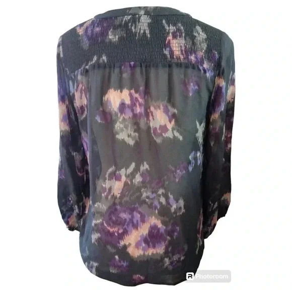 Joie Axcel 100% Silk Printed Floral Sheer Blouse Top 3/4 Sleeve Smocking Sz XS - Picture 5 of 8